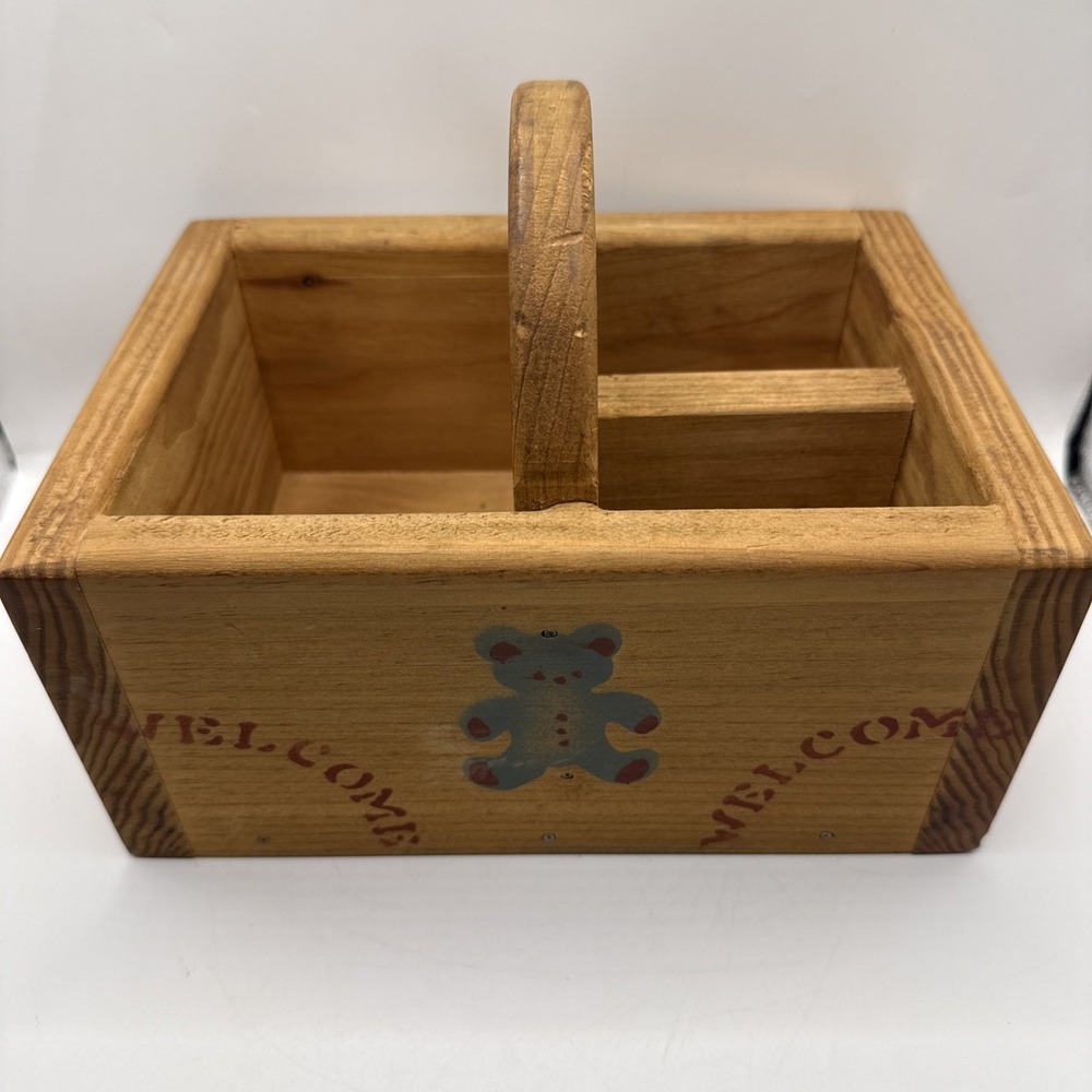 Vintage Farmhouse Wooden Silverware Napkin Caddy Carrier with Handle Remote Hold